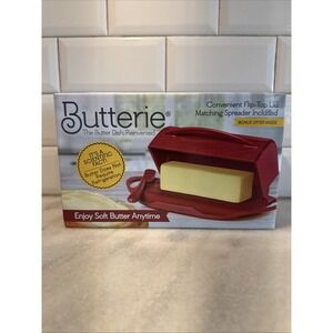 Butterie Red Flip Top Butter Dish W/Spreader Countertop Soft Anytime NIBOLA003